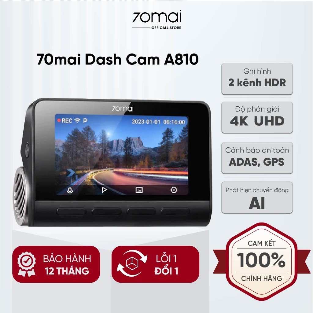 Camera hành trình 70mai A810 Ghi hình đồng thời 2 mắt trước sau, video chất lượng 4K UHD