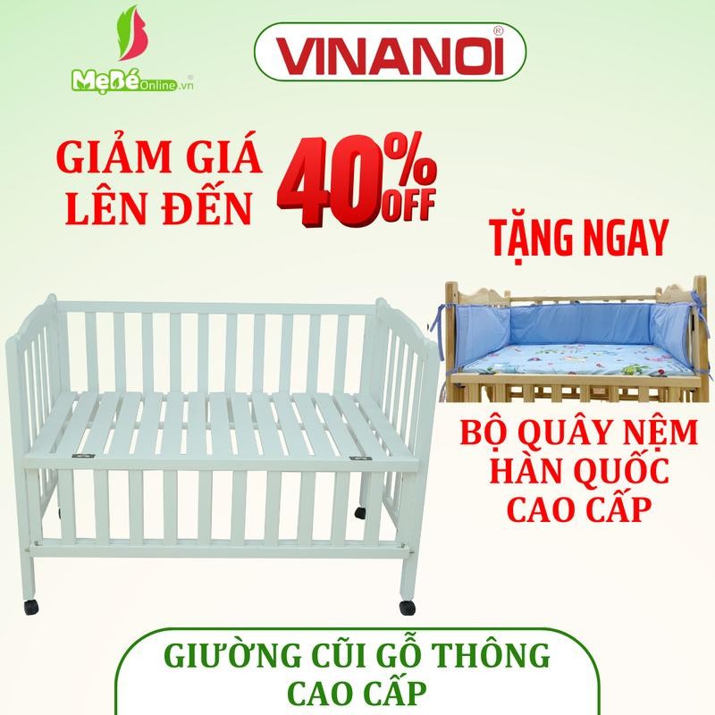 Giường Cũi Gỗ Thông Cao Cấp Màu Trắng VINANOI - VNC122 - Có bánh xe di chuyển