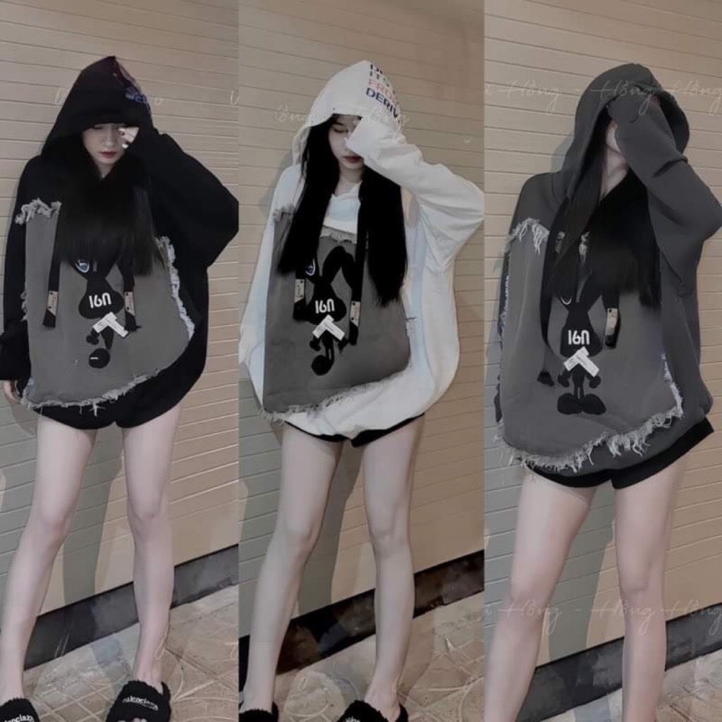 Áo Nữ, Áo Hoodie Đính Vải Bò In Thỏ Chất Nỉ Tàu Siêu Cute Hottrend 2023