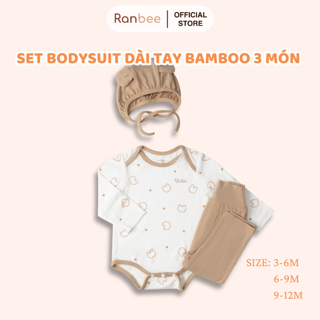 Set Bodysuit Dài Tay 3 Món Chất Liệu Bamboo Kháng Khuẩn Thiết Kế Mũ Gấu Dễ Thương Phong Cách Hàn Quốc - Ranbee