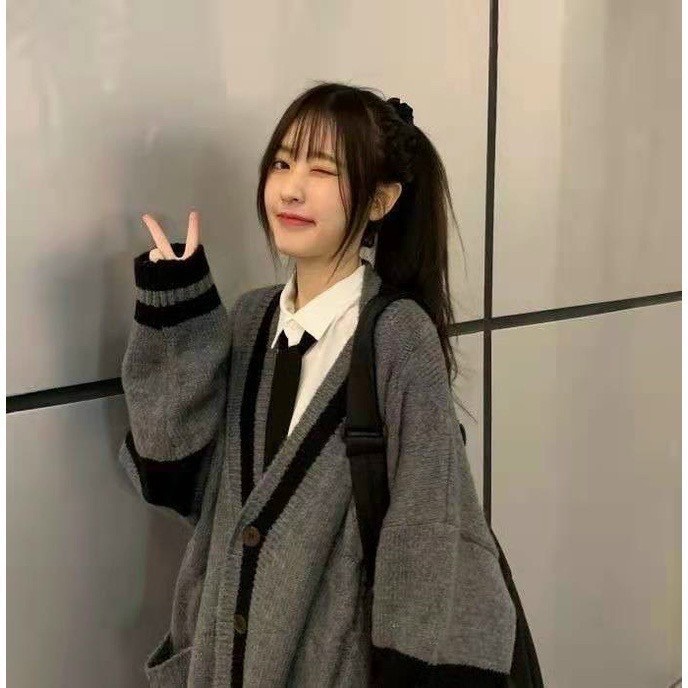 Áo Cardigan Len Phối màu xám đen phong cách Hàn Quốc trẻ trung, Áo Khoác Nữ Hottrend