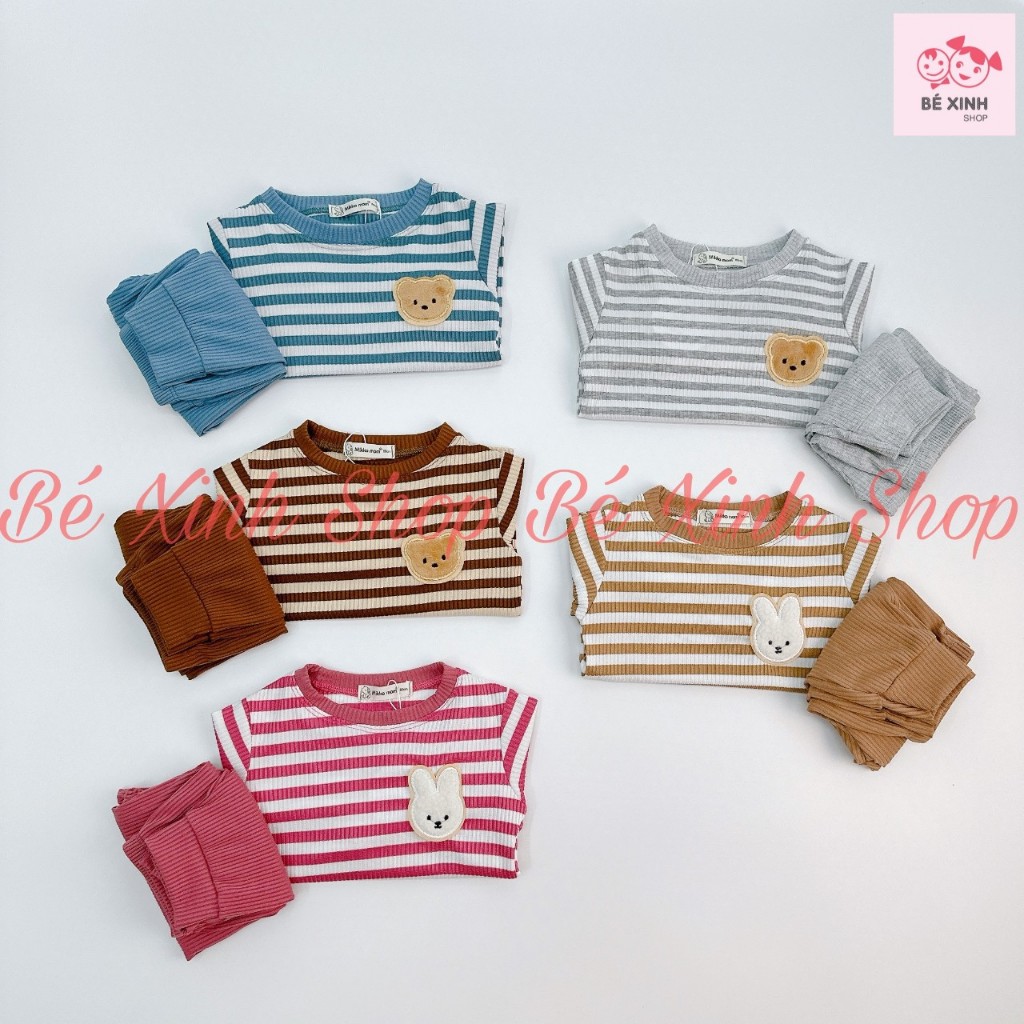 Đồ Bộ Thu Đông Dài Tay Cho Bé Trai Bé Gái 8-18kg  Bộ Quần Áo Len Tăm Tay Dài Cho Bé Trai Gái SỌC GẤU THỎ