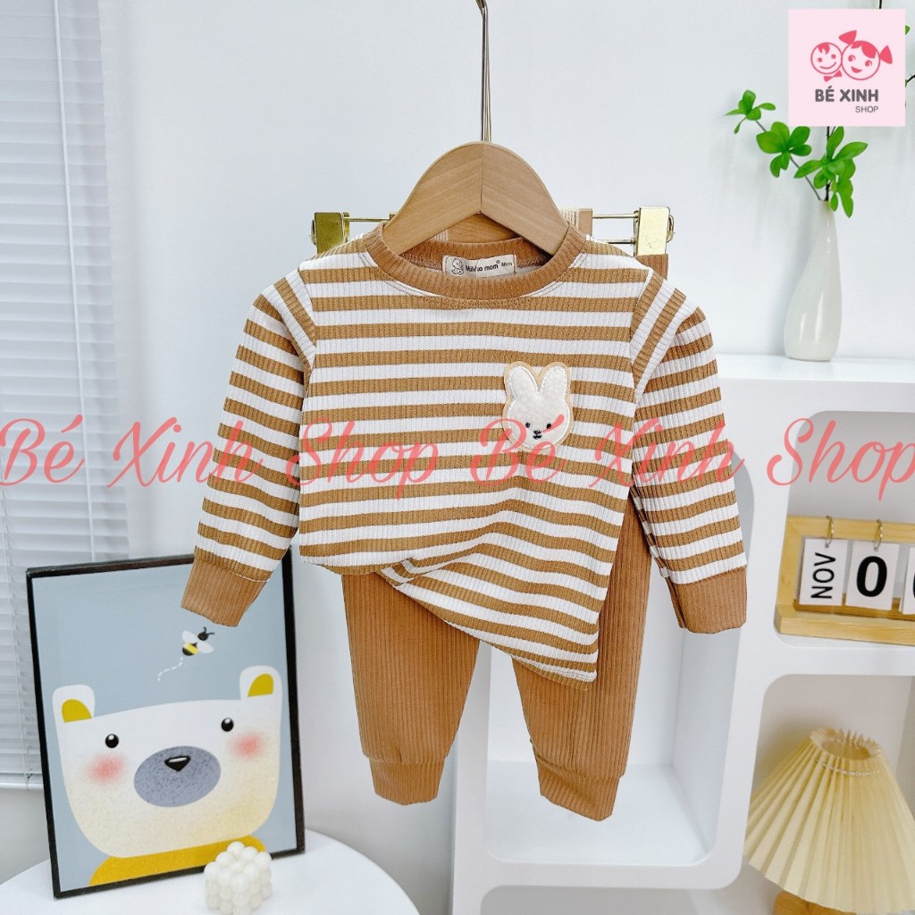 Đồ Bộ Thu Đông Dài Tay Cho Bé Trai Bé Gái 8-18kg  Bộ Quần Áo Len Tăm Tay Dài Cho Bé Trai Gái SỌC GẤU THỎ