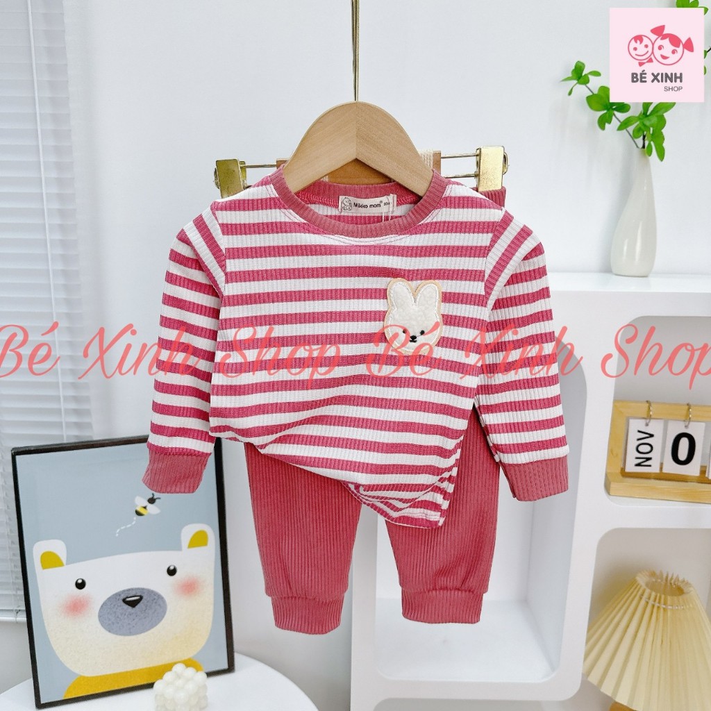 Đồ Bộ Thu Đông Dài Tay Cho Bé Trai Bé Gái 8-18kg  Bộ Quần Áo Len Tăm Tay Dài Cho Bé Trai Gái SỌC GẤU THỎ