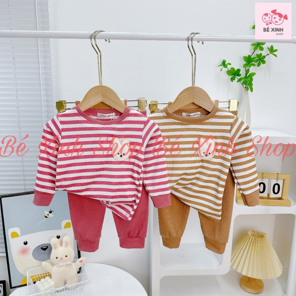 Đồ Bộ Thu Đông Dài Tay Cho Bé Trai Bé Gái 8-18kg  Bộ Quần Áo Len Tăm Tay Dài Cho Bé Trai Gái SỌC GẤU THỎ