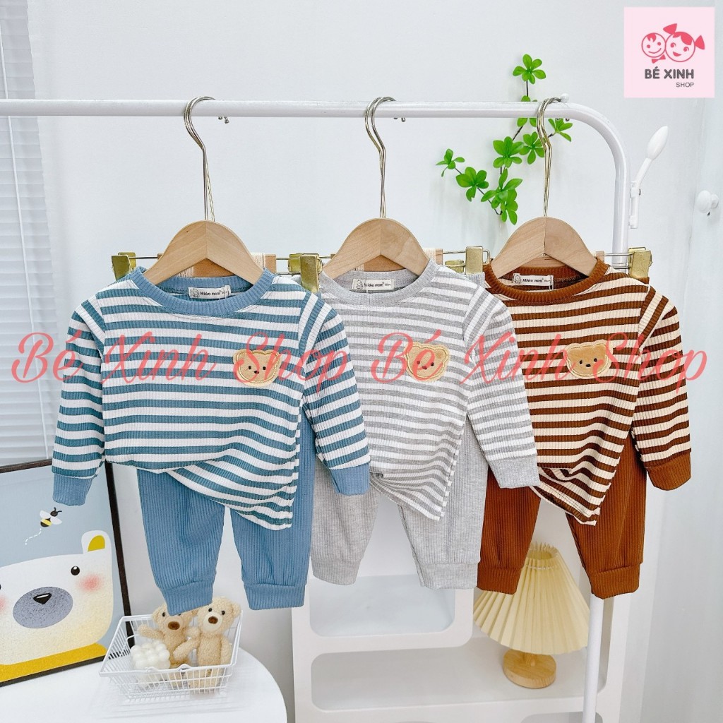 Đồ Bộ Thu Đông Dài Tay Cho Bé Trai Bé Gái 8-18kg  Bộ Quần Áo Len Tăm Tay Dài Cho Bé Trai Gái SỌC GẤU THỎ