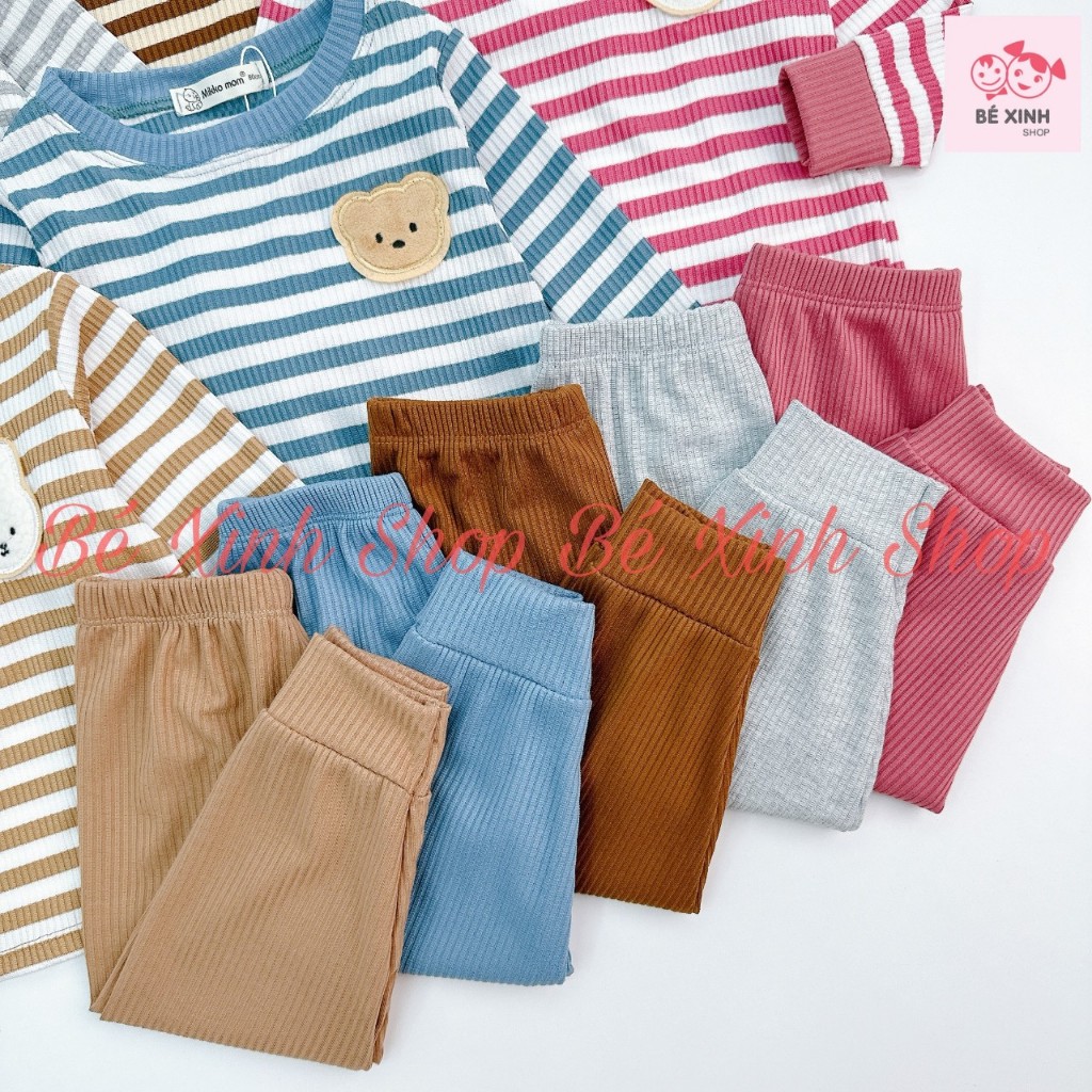 Đồ Bộ Thu Đông Dài Tay Cho Bé Trai Bé Gái 8-18kg  Bộ Quần Áo Len Tăm Tay Dài Cho Bé Trai Gái SỌC GẤU THỎ