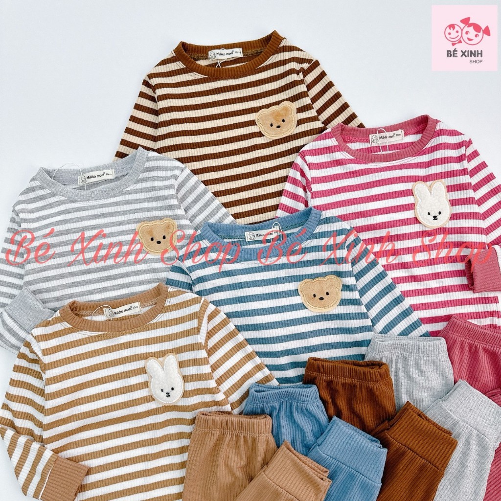 Đồ Bộ Thu Đông Dài Tay Cho Bé Trai Bé Gái 8-18kg  Bộ Quần Áo Len Tăm Tay Dài Cho Bé Trai Gái SỌC GẤU THỎ