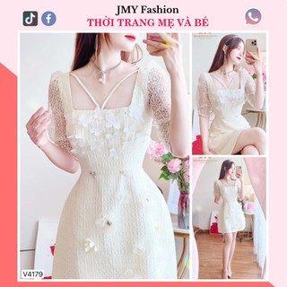 V4179 Váy ren kem cổ vuông đính hoa dáng A ngắn [Dolce Viva Colection (DVC)] váy đầm ren tay lỡ tiểu thư