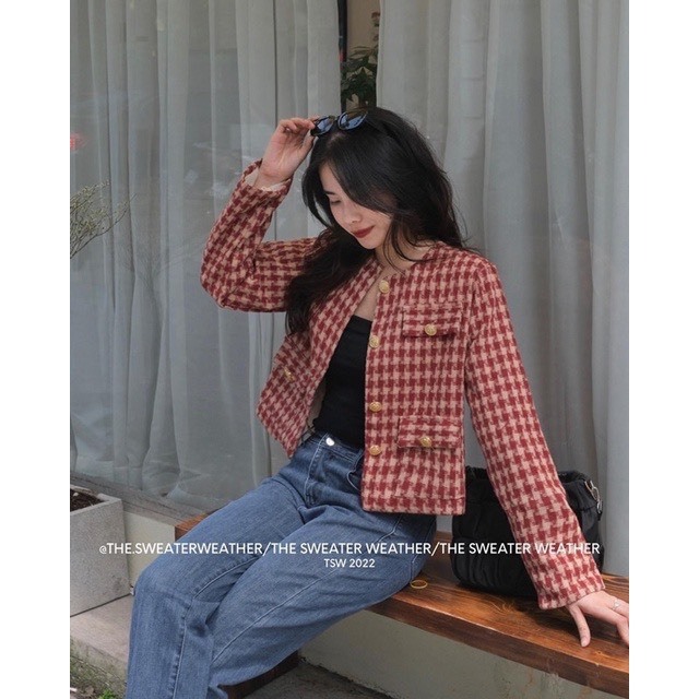 Áo Khoác Dạ Kẻ Tweed Nữ Túi Ngực Cúc Đồng 2 màu , Áo Dạ Tweed Kẻ Ziczac Siêu xinh Hàng QC loại 1 H35