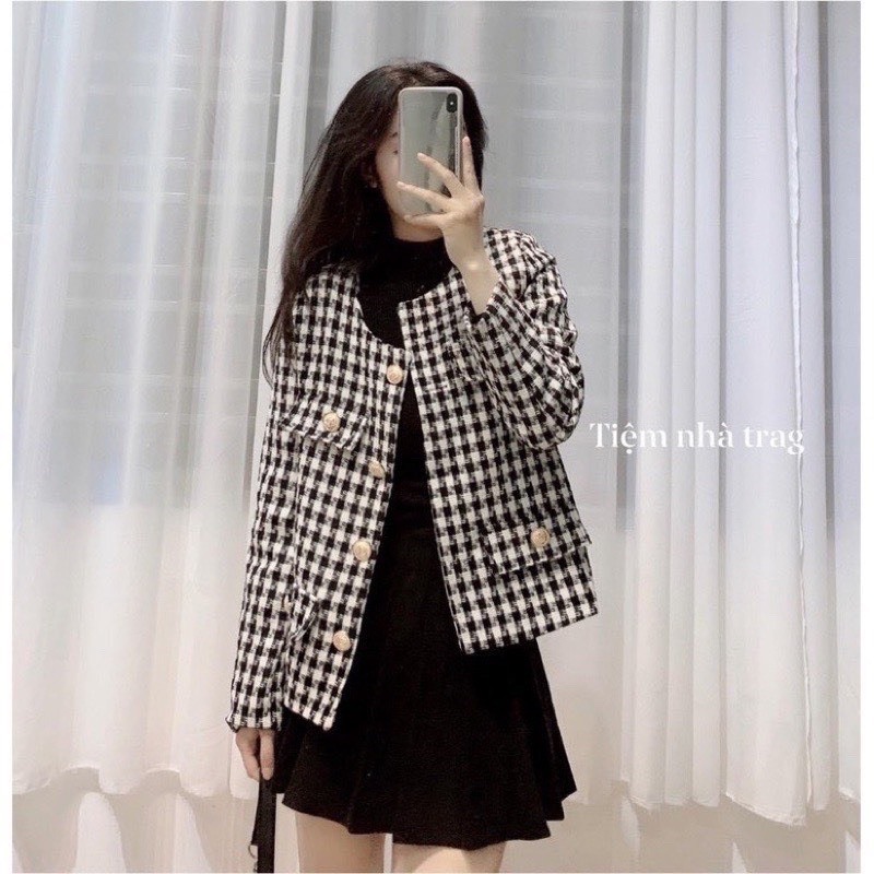 Áo Khoác Dạ Kẻ Tweed Nữ Túi Ngực Cúc Đồng 2 màu , Áo Dạ Tweed Kẻ Ziczac Siêu xinh Hàng QC loại 1 H35