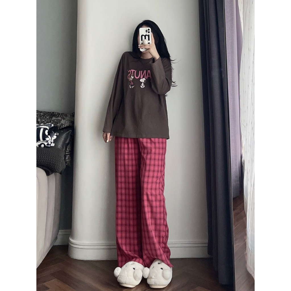 BỘ ÁO PEANUTS NÂU QUẦN KẺ