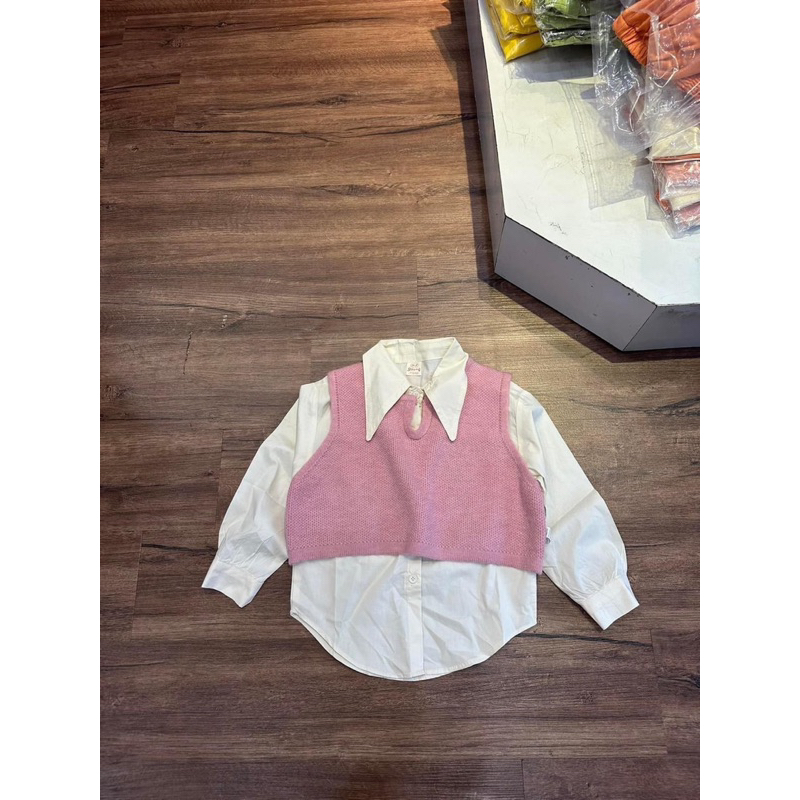 Quần áo thu đông bé gái, set 3ct: áo sơ mi trắng, quần Jean ống loe và áo gile hồng cho bé 10-30