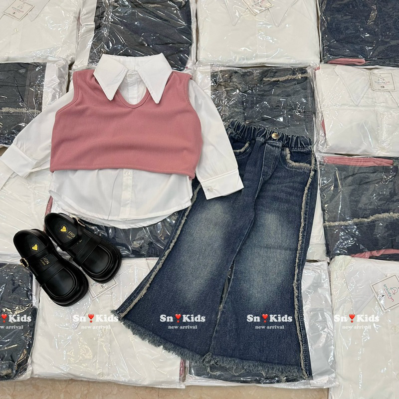 Quần áo thu đông bé gái, set 3ct: áo sơ mi trắng, quần Jean ống loe và áo gile hồng cho bé 10-30