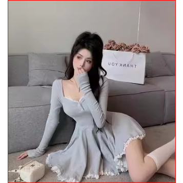Váy nữ xếp ly thu đông dài tay phối ren phong cách Hàn Quốc