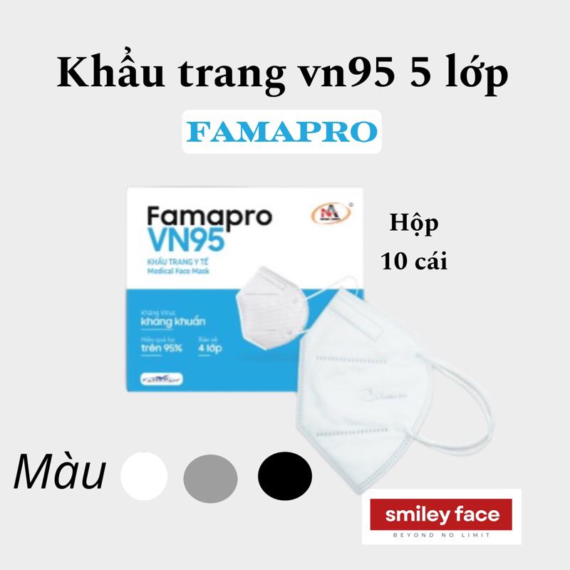 Khẩu trang y tế kháng khuẩn 4 lớp Famapro VN95 màu trắng (10 cái /hộp )