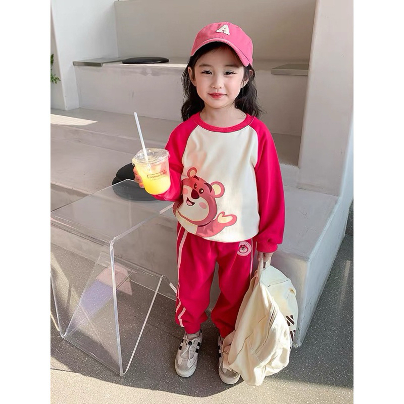 Bộ Nỉ Bông in hình Gấu size đại cho bé gái, Set dài tay bé gái, bộ quần áo dài tay thu đông