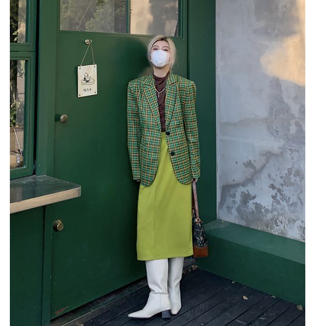 Ảnh thật 5 hình cuối-HC342.Áo blazer kẻ caro Hàn Quốc chanh xả