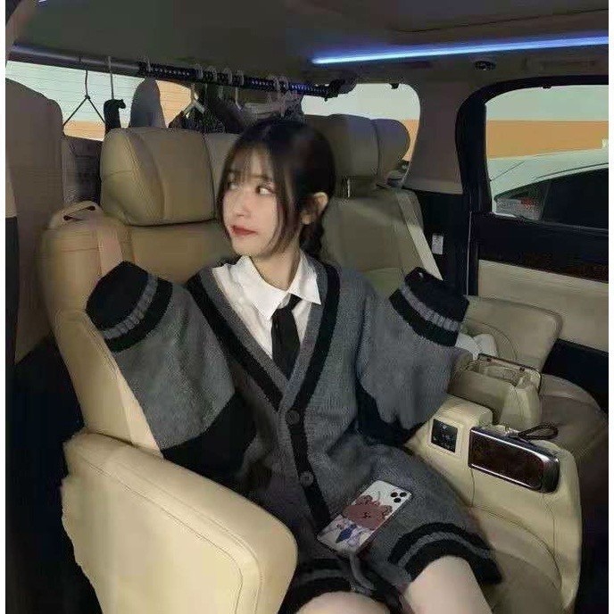 Áo Cardigan Len Phối màu xám đen phong cách Hàn Quốc trẻ trung, Áo Khoác Nữ Hottrend