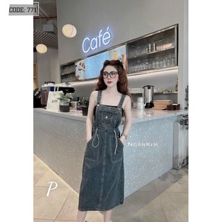 Đầm yếm jean chun eo túi ngực túi 2 bên đùi xinh dáng dài p