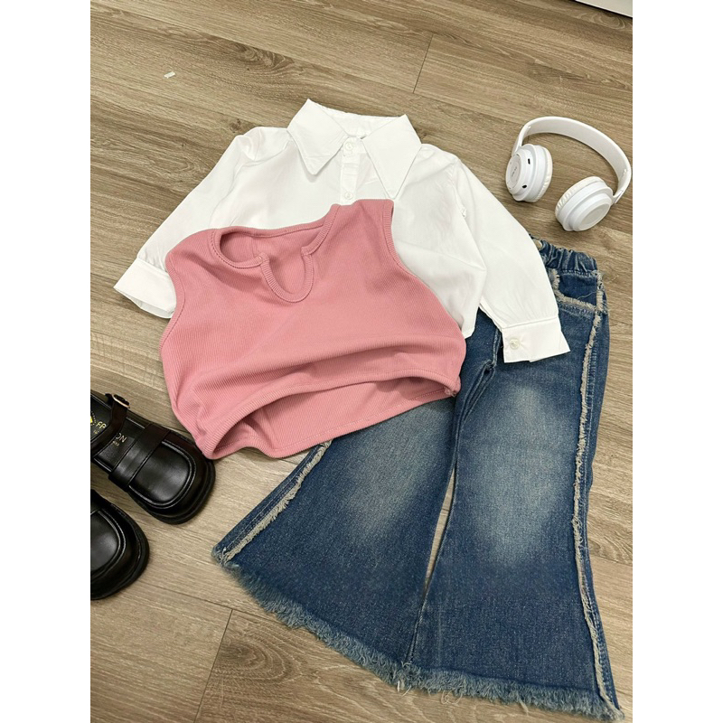 Quần áo thu đông bé gái, set 3ct: áo sơ mi trắng, quần Jean ống loe và áo gile hồng cho bé 10-30
