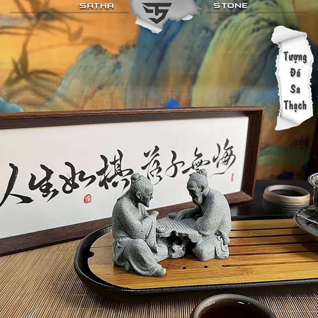 Tượng đánh cờ ST077 chất liệu đá sa thạch cao cấp - Tượng Deco, trang trí, trưng bày, tiểu cảnh, bán cạn, terrarium