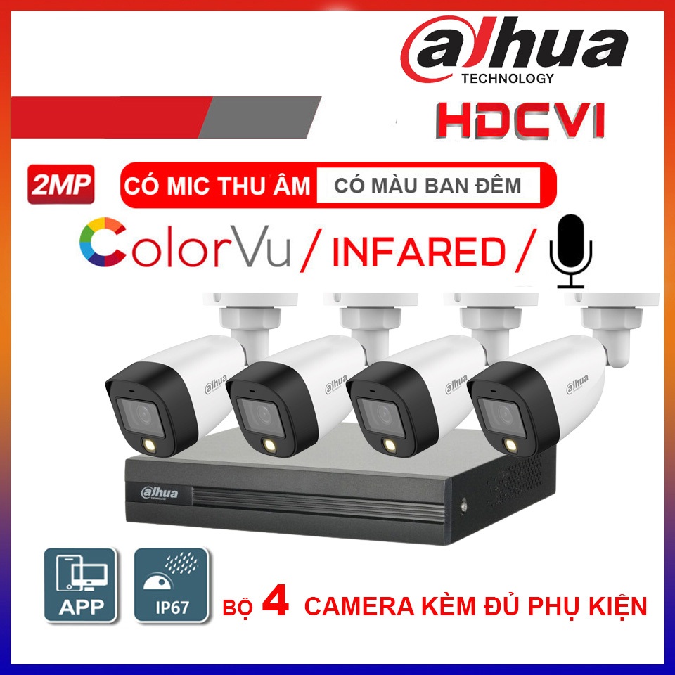 Trọn Bộ Camera giám sát Dahua 2.0MP Chính hãng - Đủ bộ 4 mắt FHD, Kèm HDD 500GB, đủ phụ kiện kèm theo - BH 24 Tháng