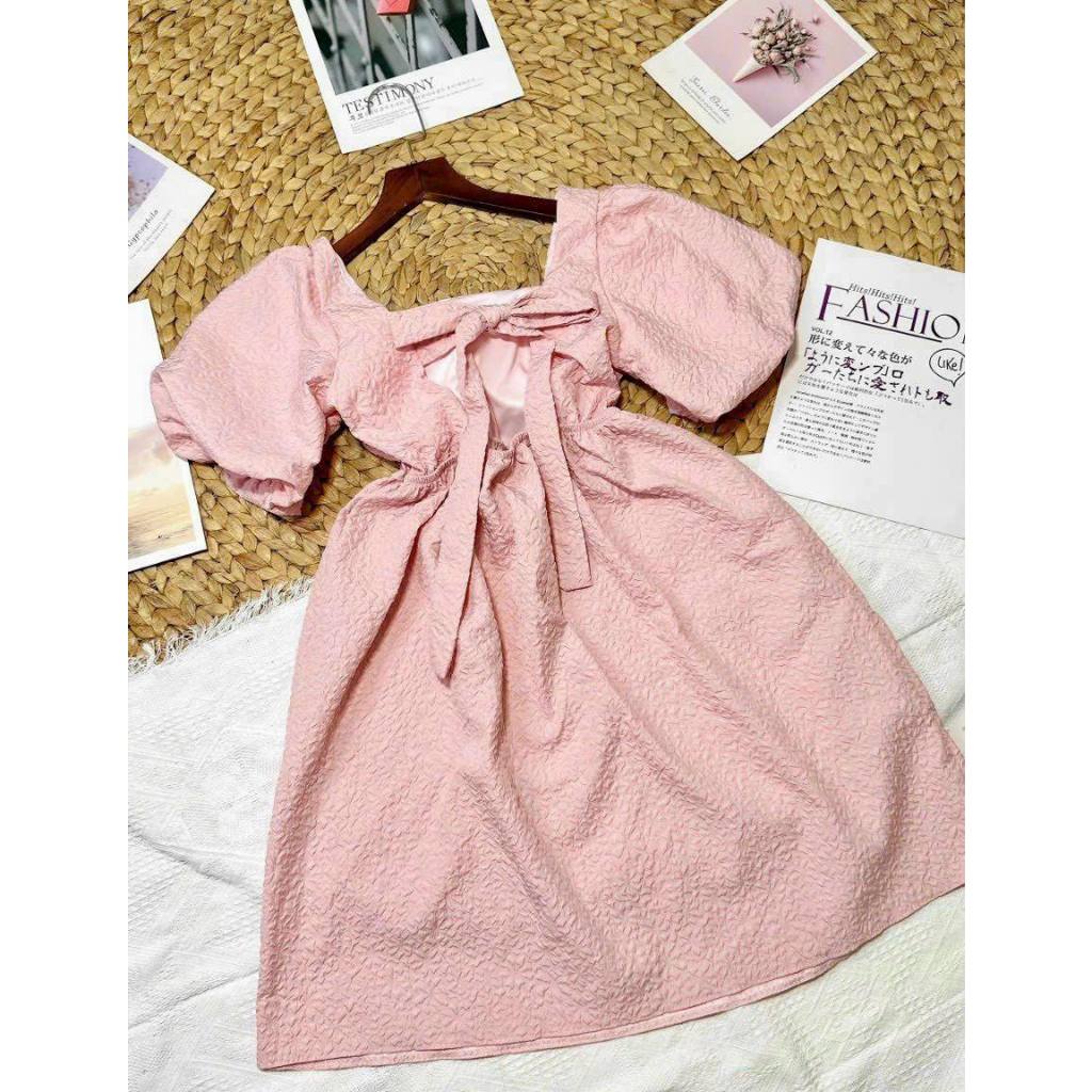 Đầm Babydoll Tay Phồng Cổ Vuông Nơ Lưng Gấm Xốp, Đầm Babydoll Nơ Hở Lưng Tiểu Thư, Váy Babaydoll Có Mút Ngực M18