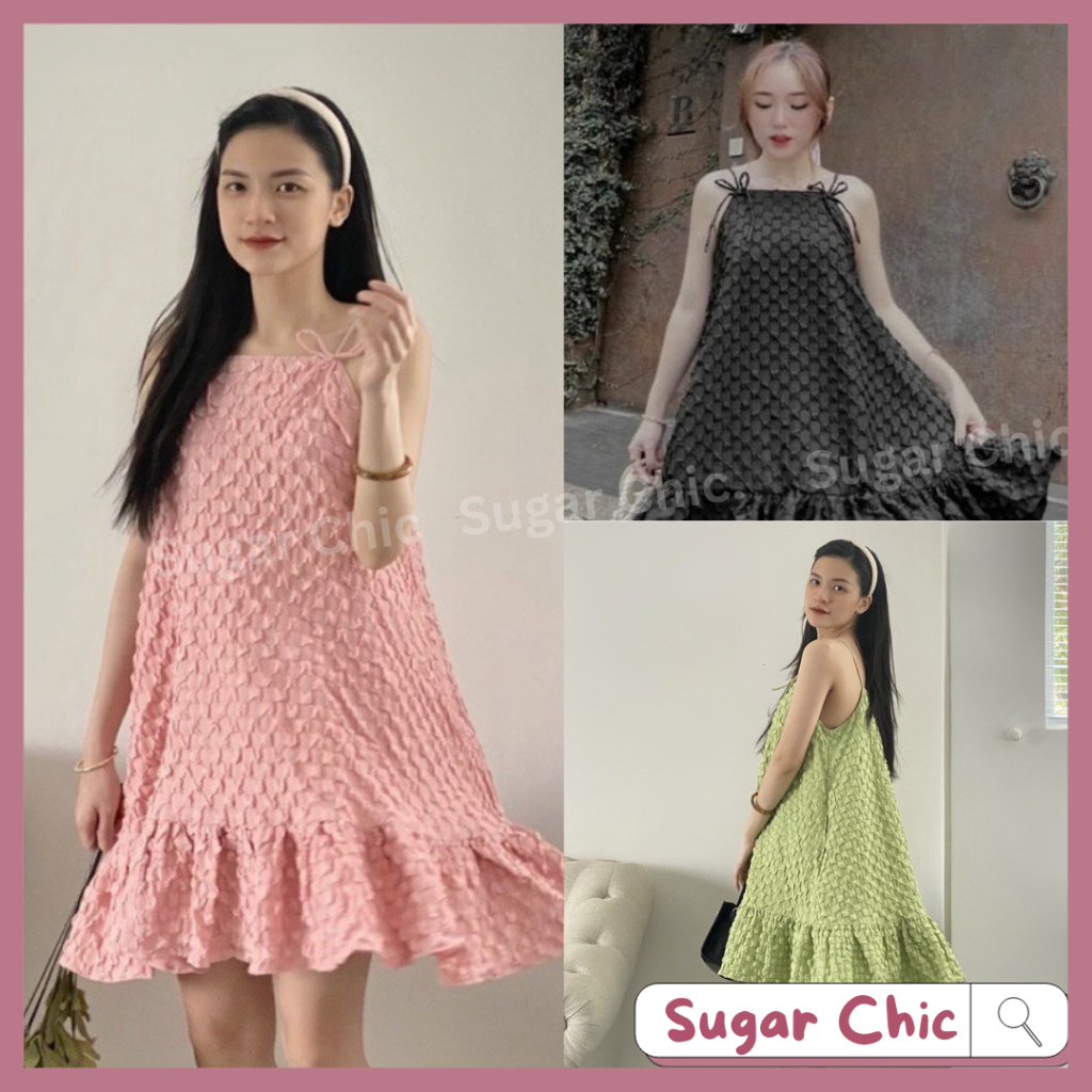 Váy babydoll hai dây đính nơ đuôi cá Ulzzang chất xốp siêu cao cấp, Đầm babydoll chất thun xốp from rỗng kiểu 2 dây