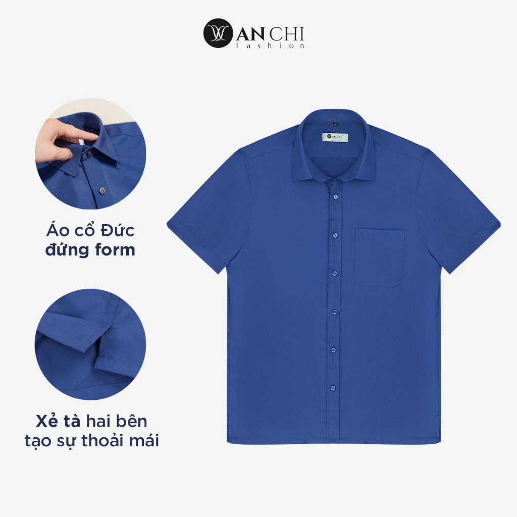 Áo Sơ Mi Nam Ngắn Tay Trung Niên ANCHI Classic Cotton Trơn Màu Xanh Than Cao Cấp