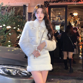 Set áo khoác + chân váy dạ tweed may lông có cổ phong cách Hàn Quốc