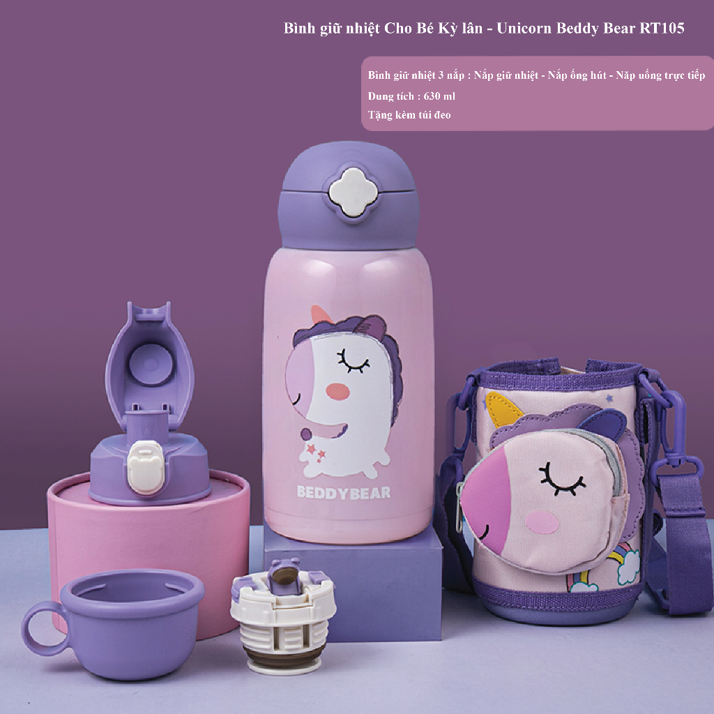 Bình giữ nhiệt trẻ em BEDDYBEAR - 3 Nắp thay thế - Unicorn - Kỳ lân Hồng - 630ml - Tặng kèm móc khóa - RT104-630-KYLAN