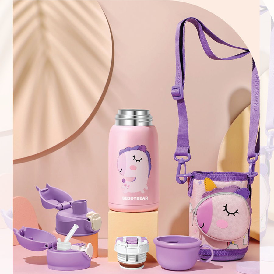 Bình giữ nhiệt trẻ em BEDDYBEAR - 3 Nắp thay thế - Unicorn - Kỳ lân Hồng - 630ml - Tặng kèm móc khóa - RT104-630-KYLAN