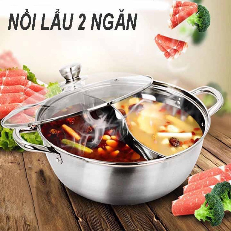 Nồi lẩu 2 ngăn inox 32cm DÙNG cho mọi loại bếp, Nồi lẩu 2 ngăn đa năng tiện lợi