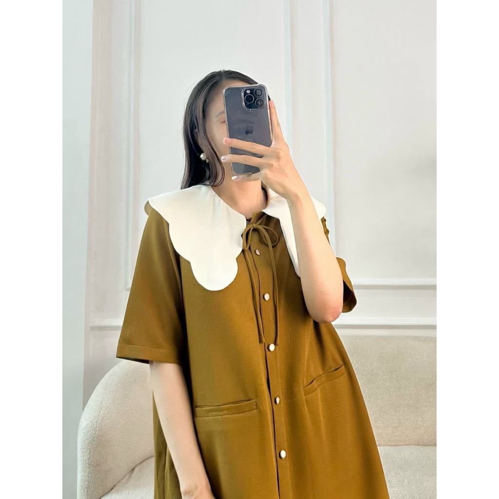 Đầm bầu công sở, váy bầu MALY DRESS phối cổ cánh tiên, nơ cách điệu kiểu dáng basic thiết kế by L'amme