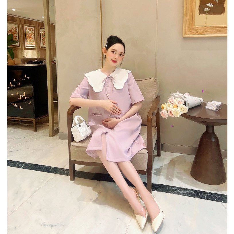 Đầm bầu công sở, váy bầu MALY DRESS phối cổ cánh tiên, nơ cách điệu kiểu dáng basic thiết kế by L'amme