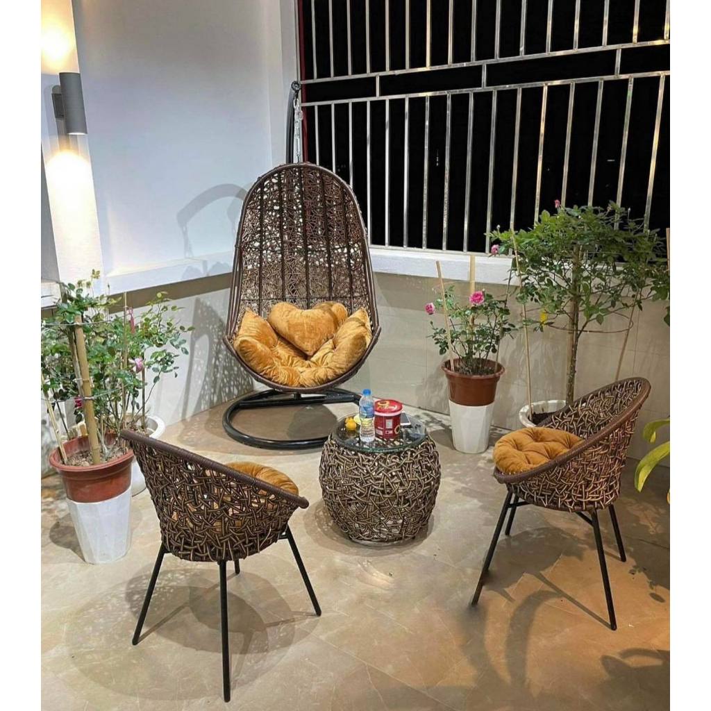 Bộ bàn ghế PuTin 3D chân chéo gồm 1 bàn và 2 ghế giả mây lõi thép dùng thư giãn trang trí sân vườn bảo hành 24 tháng