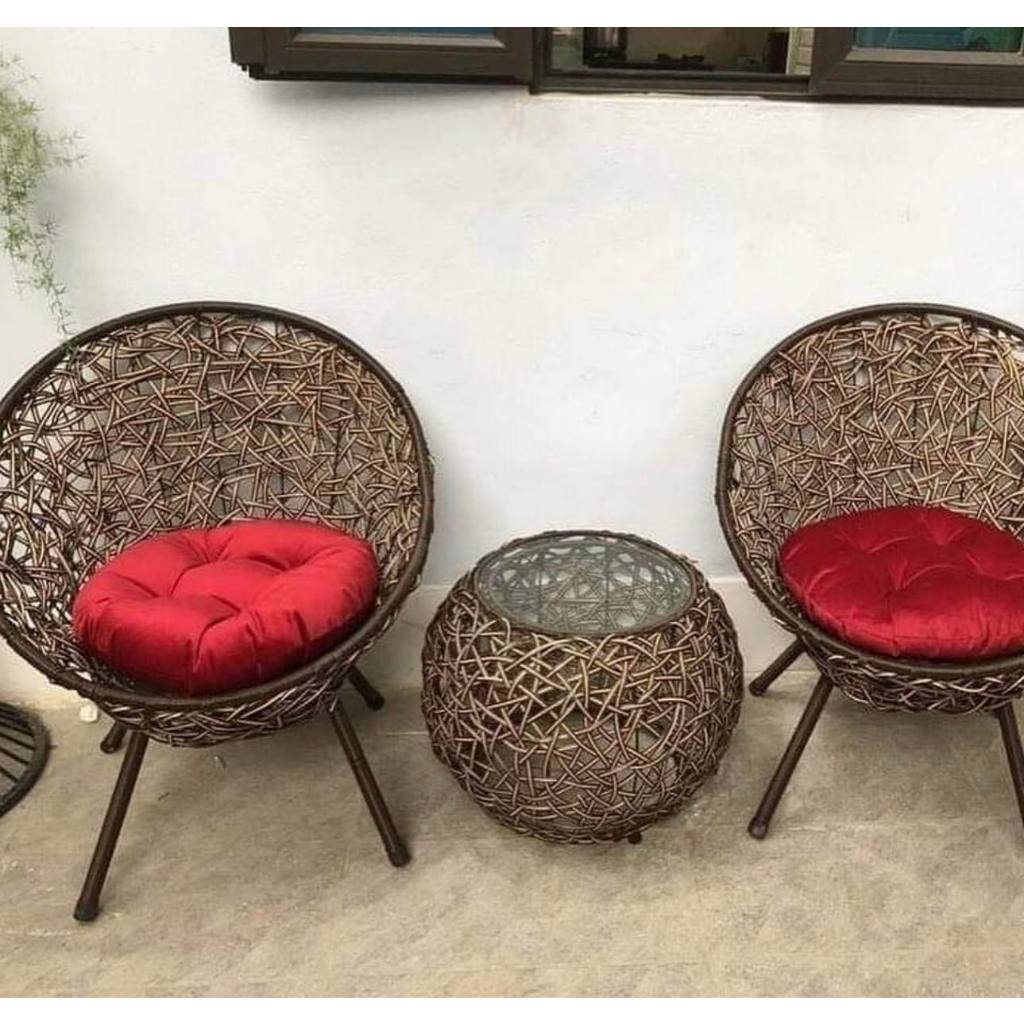 Bộ bàn ghế PuTin 3D chân chéo gồm 1 bàn và 2 ghế giả mây lõi thép dùng thư giãn trang trí sân vườn bảo hành 24 tháng