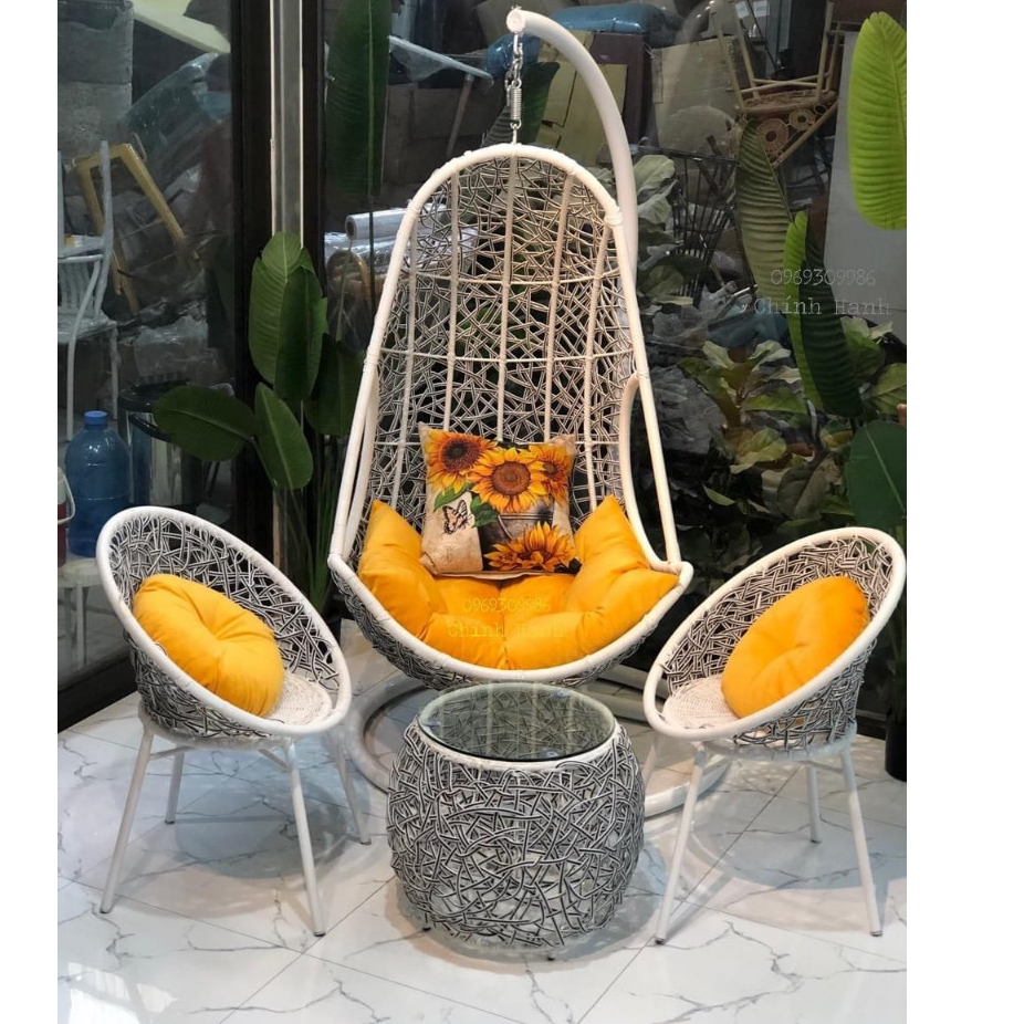 Bộ bàn ghế PuTin 3D chân chéo gồm 1 bàn và 2 ghế giả mây lõi thép dùng thư giãn trang trí sân vườn bảo hành 24 tháng