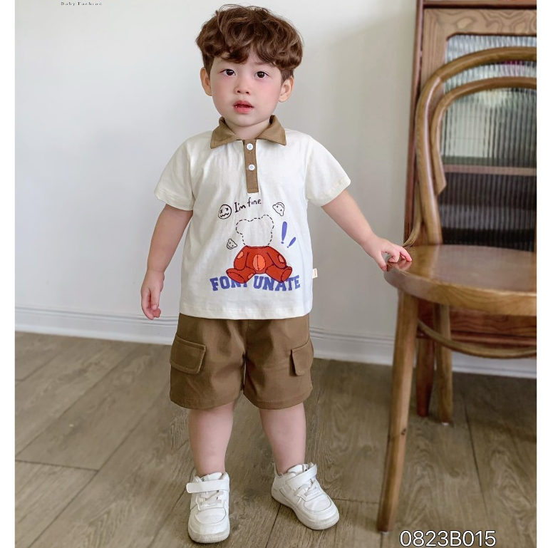 Bộ cộc tay bé trai có cổ Gấu nâu quần kaki Bernie - Bộ bé trai mùa hè áo polo cho bé 9-23kg - 0823B015