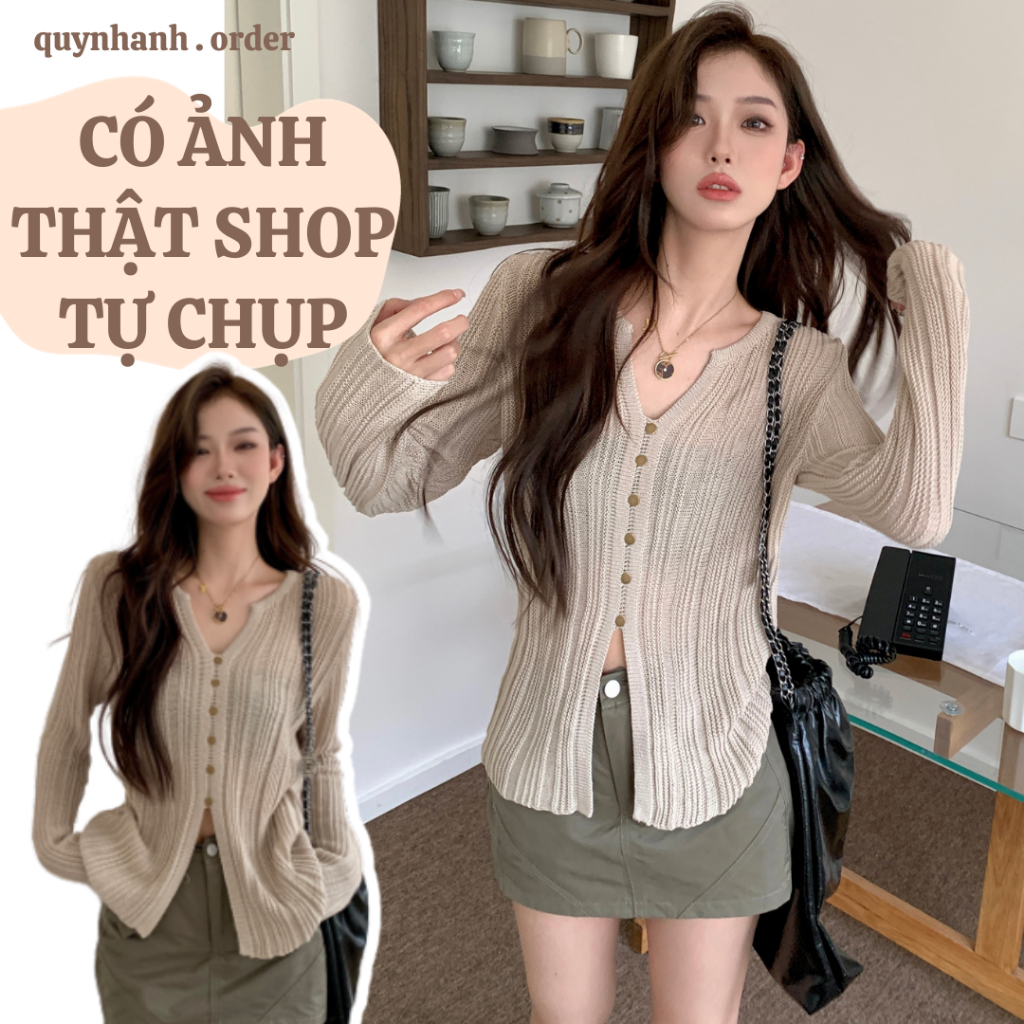 Áo dệt kim tay dài, áo len nữ dáng rộng cổ chữ V xẻ màu trơn phong cách Pháp
