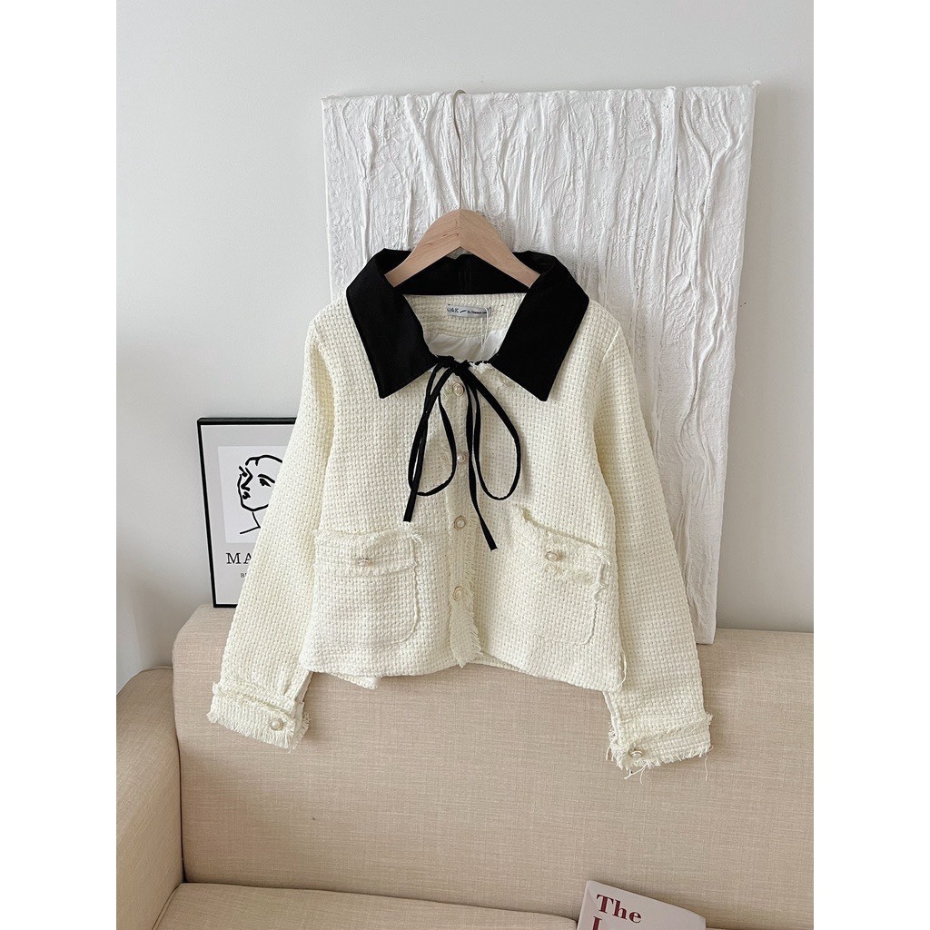 Áo khoác dạ tweed phối cổ Đen , Áo dạ tweed Có Túi 2 Lớp Dày Dặn Hàng QC Cao Cấp H32