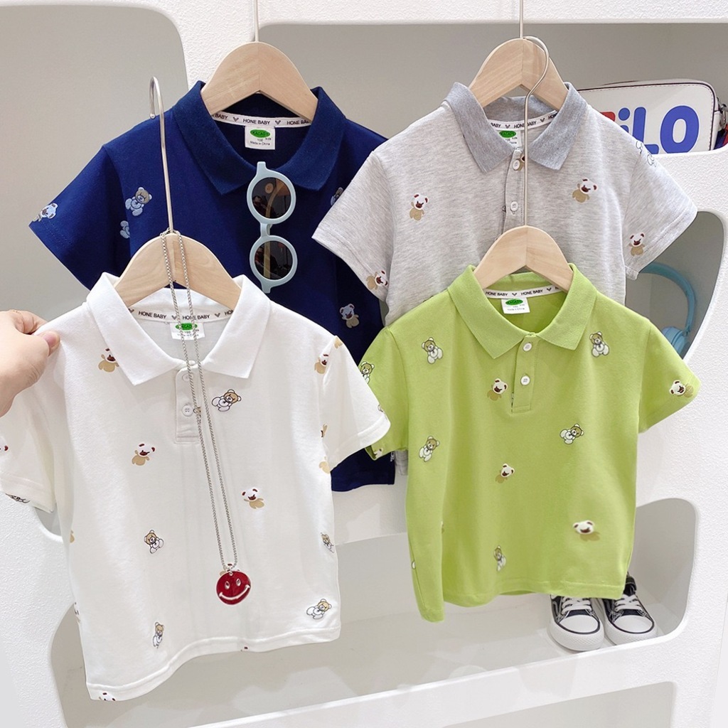 Áo polo cho bé trai KANGMIN KIDS, áo polo trẻ em cộc tay chất cotton cá sấu in hình Gấu cực yêu cho bé từ 2 đến 8 tuổi