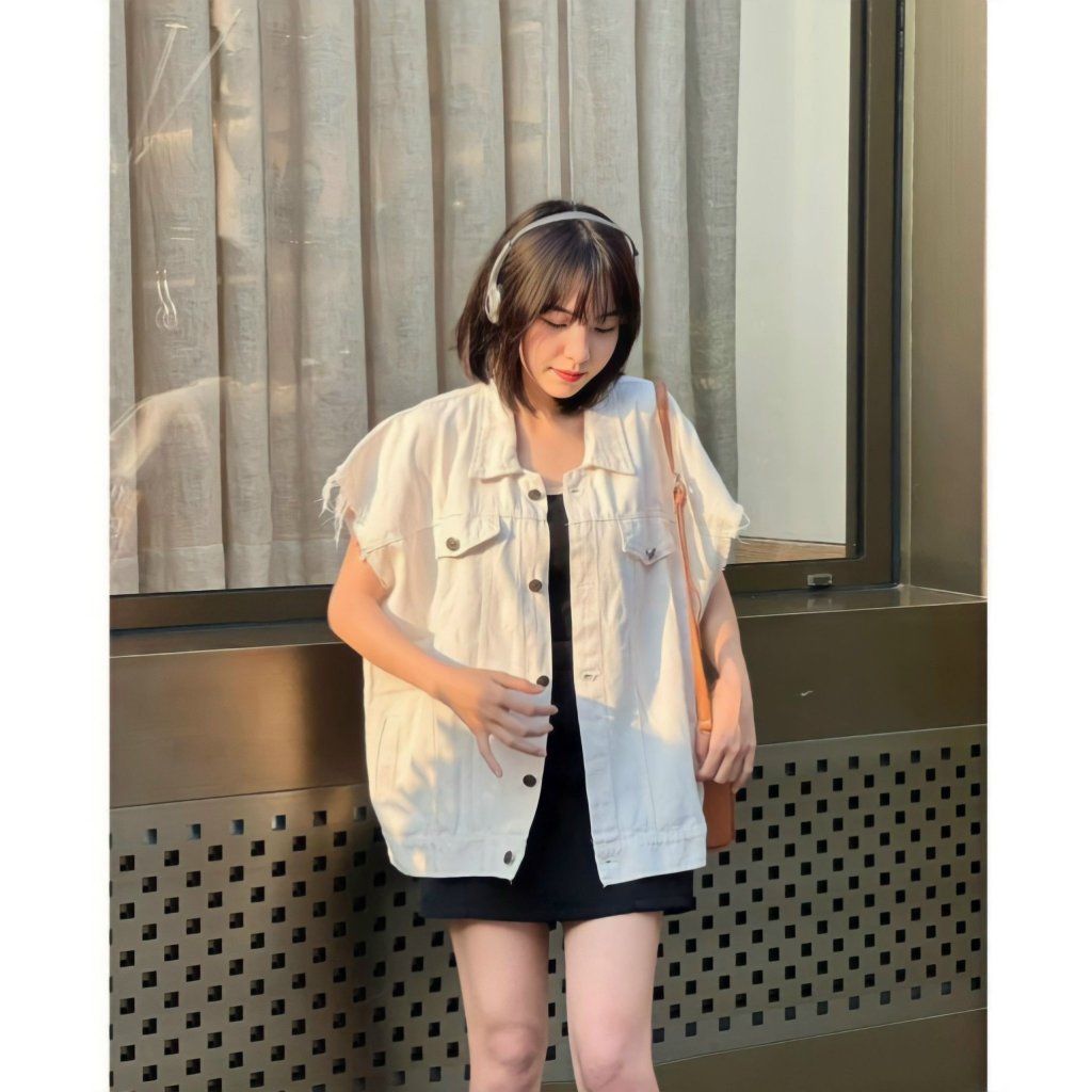 Áo khoác Nữ, Áo Jeans Gile Nữ Sước Gấu Túi Trước Tay Cộc Freesize Màu Kem