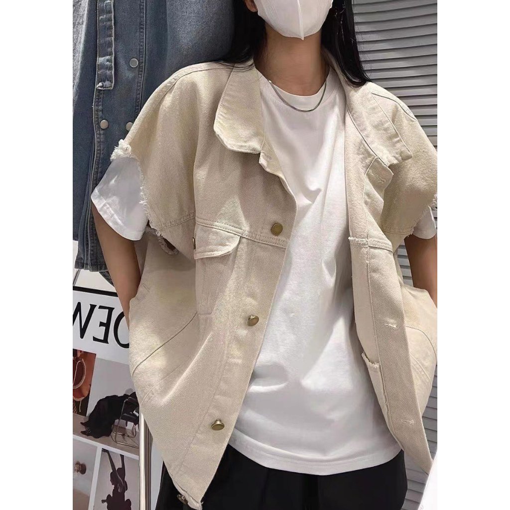 Áo khoác Nữ, Áo Jeans Gile Nữ Sước Gấu Túi Trước Tay Cộc Freesize Màu Kem