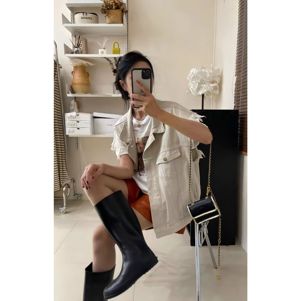 Áo khoác Nữ, Áo Jeans Gile Nữ Sước Gấu Túi Trước Tay Cộc Freesize Màu Kem