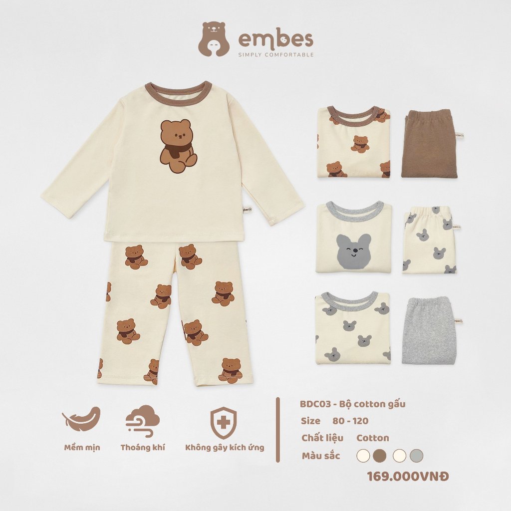 [ EMBES ] Bộ cotton gấu cho bé