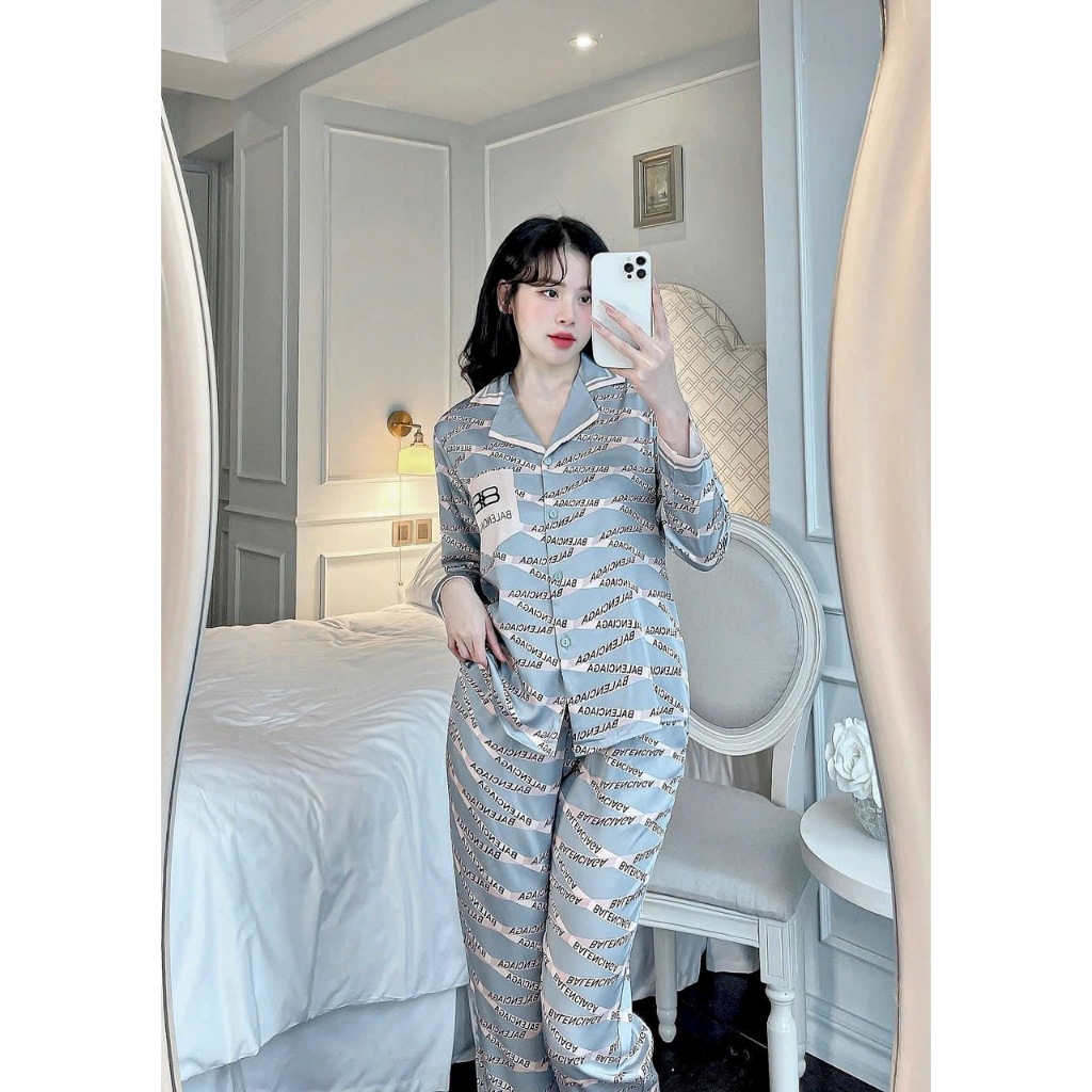 Bộ pijama nữ áo dài quần dài họa tiết chữ nhí chất lụa tơ cao cấp Xumaki Store