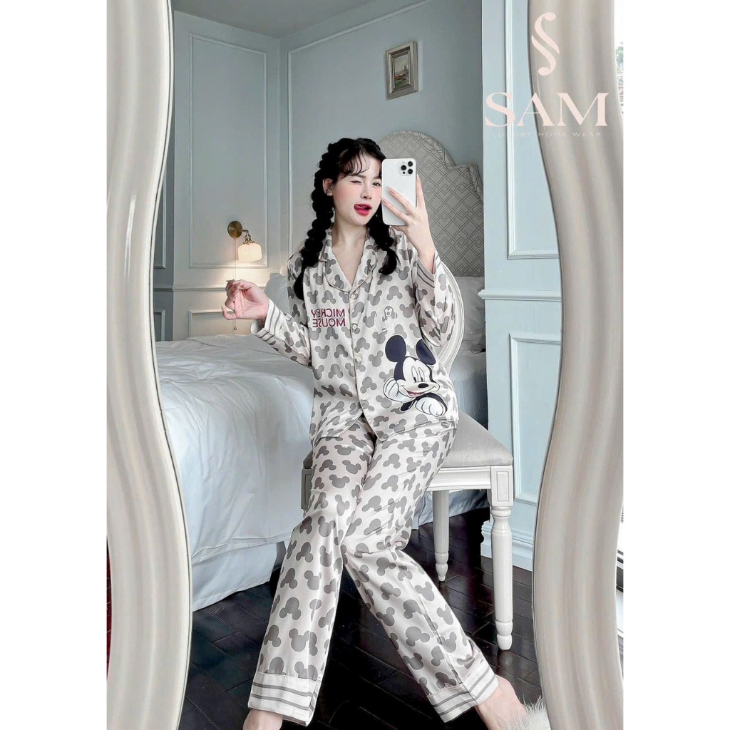 Bộ pijama nữ áo dài quần dài họa tiết chuột kute nhiều màu chất lụa tơ Xumaki Store