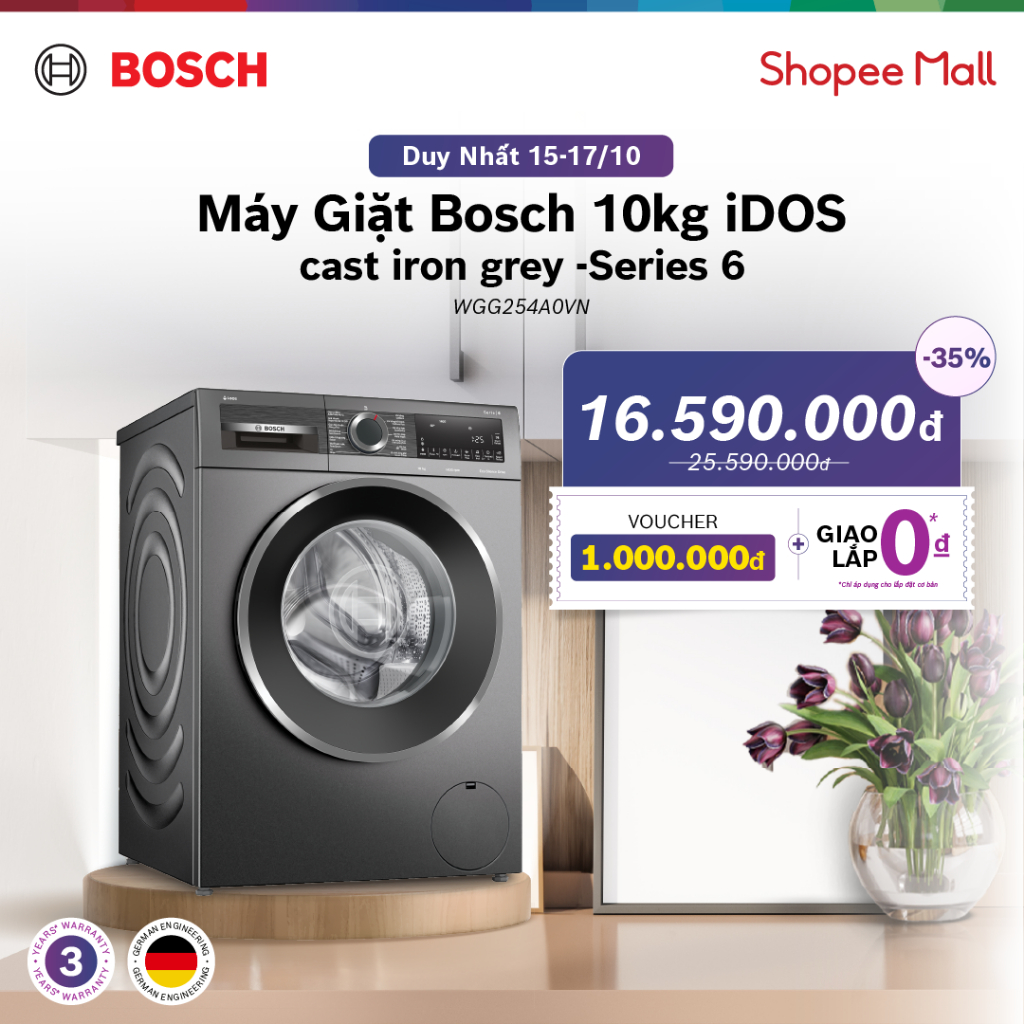 Máy giặt Bosch 10kg WGG254A0VN (màu xám) - Series 6 - Hàng chính hãng